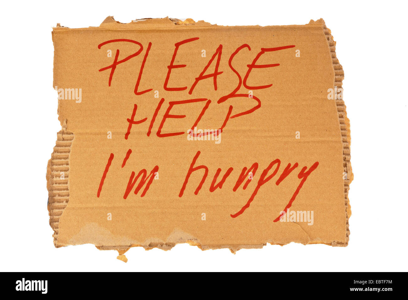 cardboard sign of a homeless person with the inscription 'Please help - I'm hungry' Stock Photo