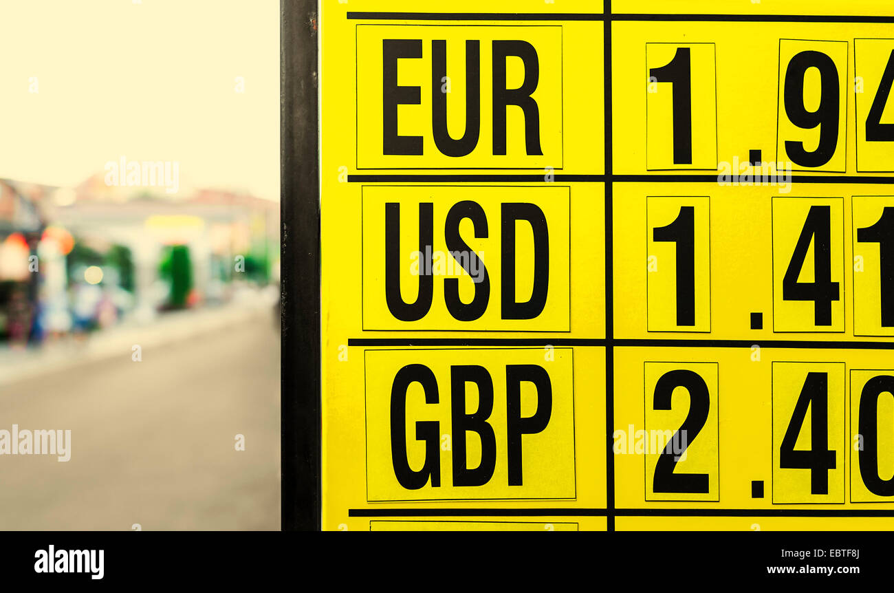 Currency exchange rates board at the street Stock Photo