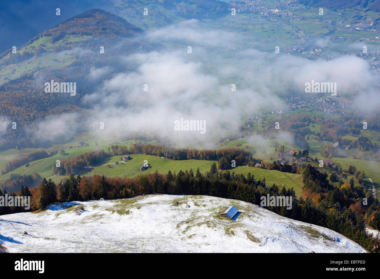 view from Mythen to mountain slope with first snow, Switzerland, Kanton Schwyz, Ibach Stock Photo