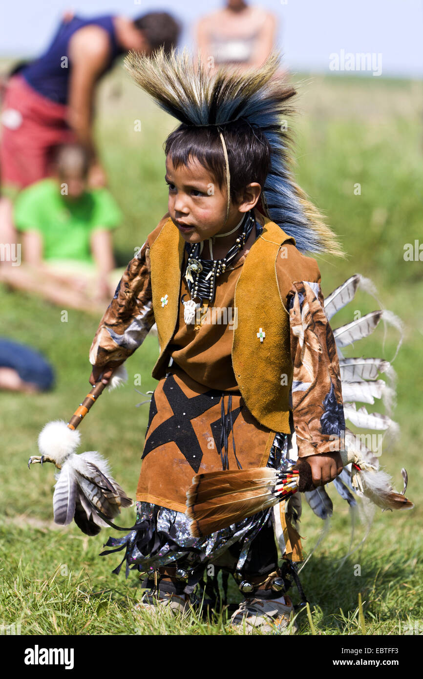 little boy dressed as Indian on Pow Wow event, Canada, Alberta Stock