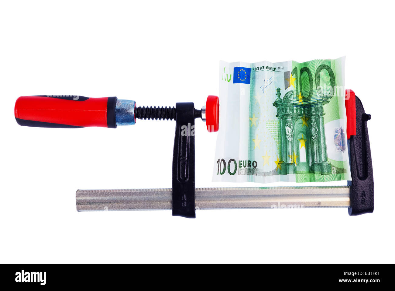 100 Euro bill in a clamp, economic and financial crisis Stock Photo