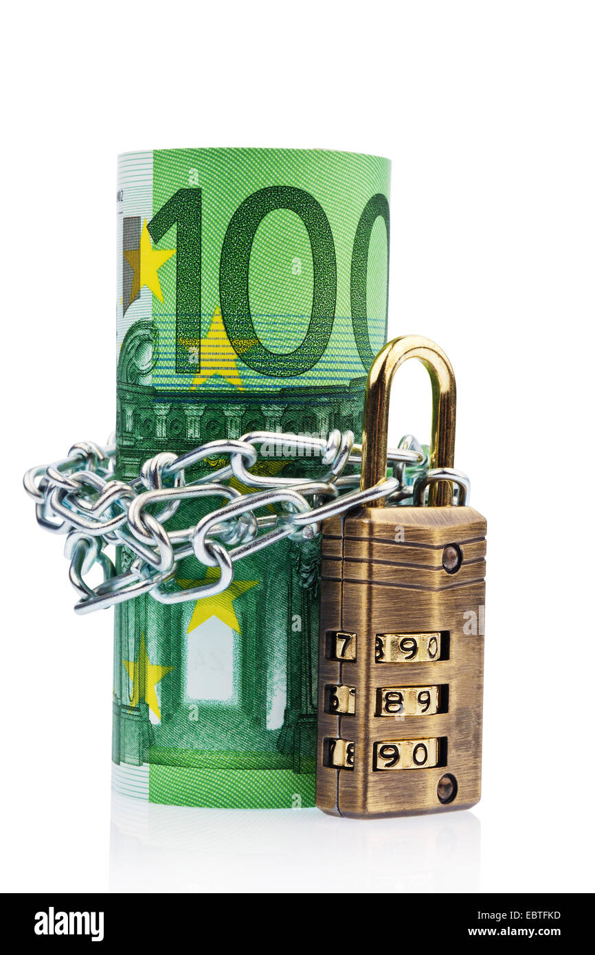 roll of 100 Euro notes with chain and padlock Stock Photo