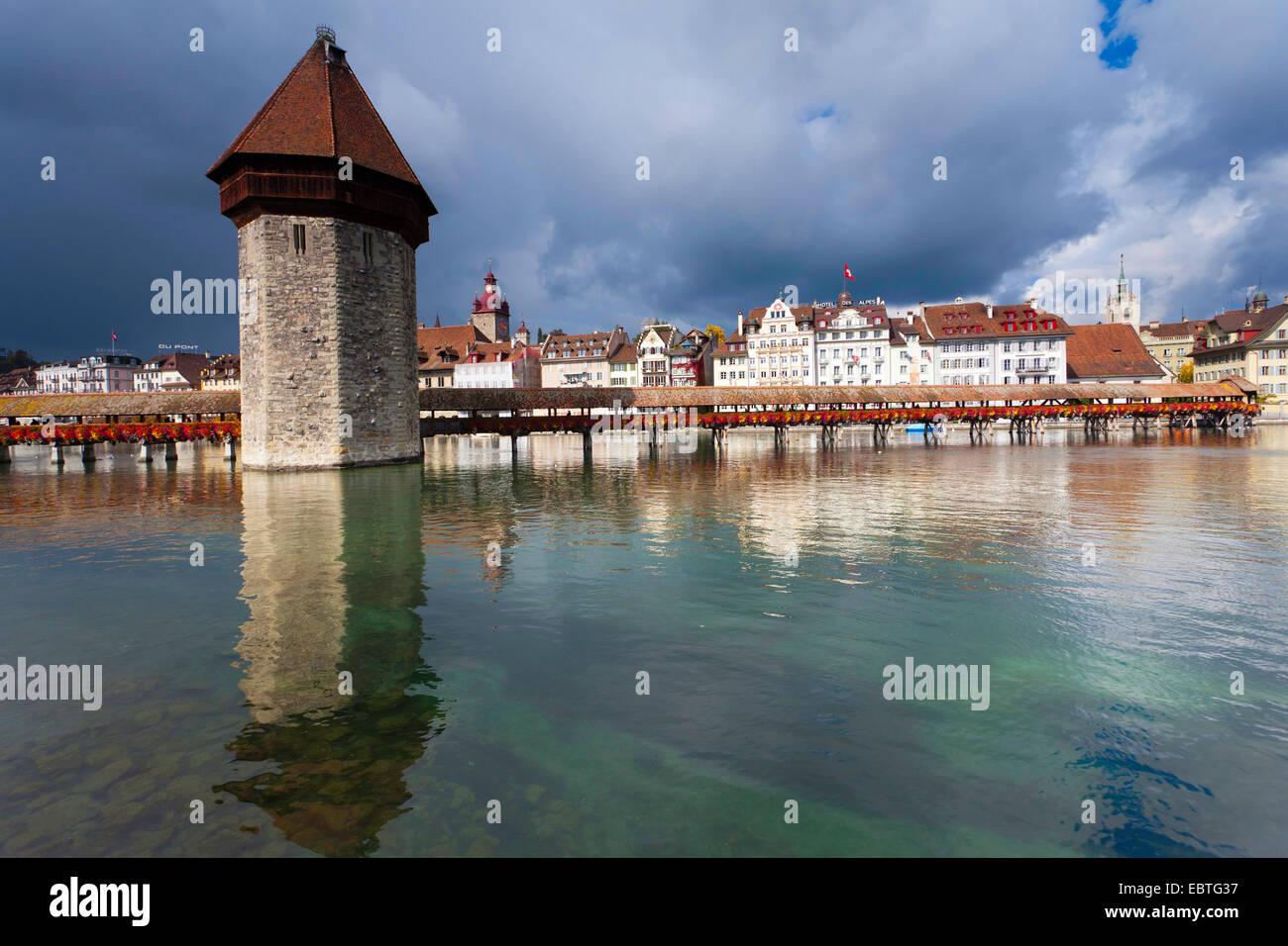 Chapel Bridge and Water Tower, Switzerland, Kanton Luzern, Vierwaldstaettersee, Lucerne Stock Photo