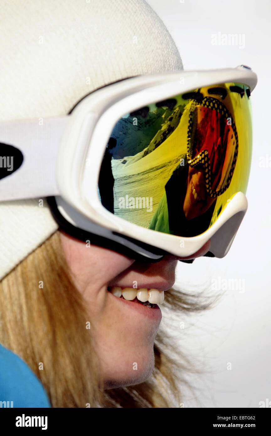 two teenagers mirroring in their ski googles, France Stock Photo