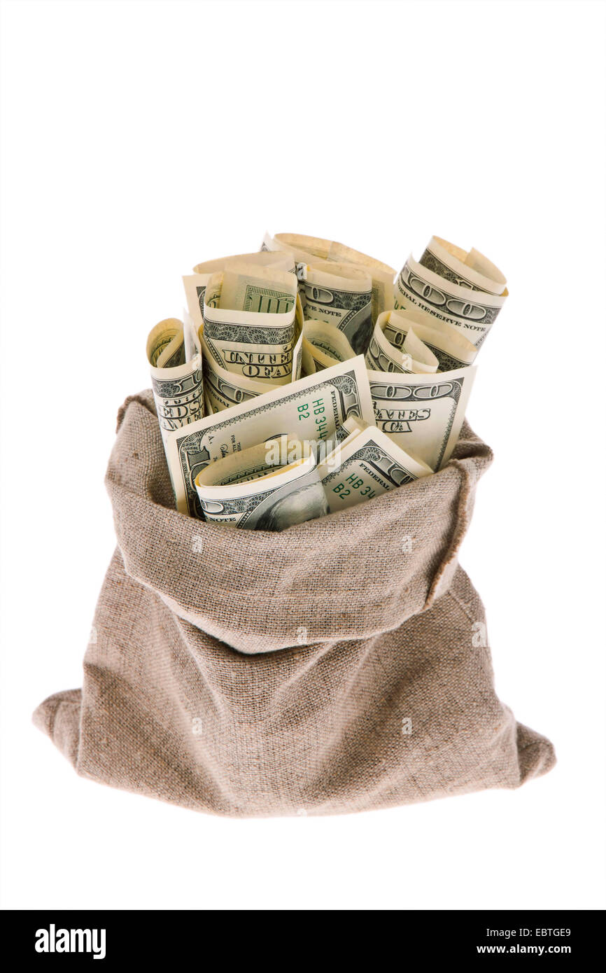 Many dollar bills in a sack Stock Photo