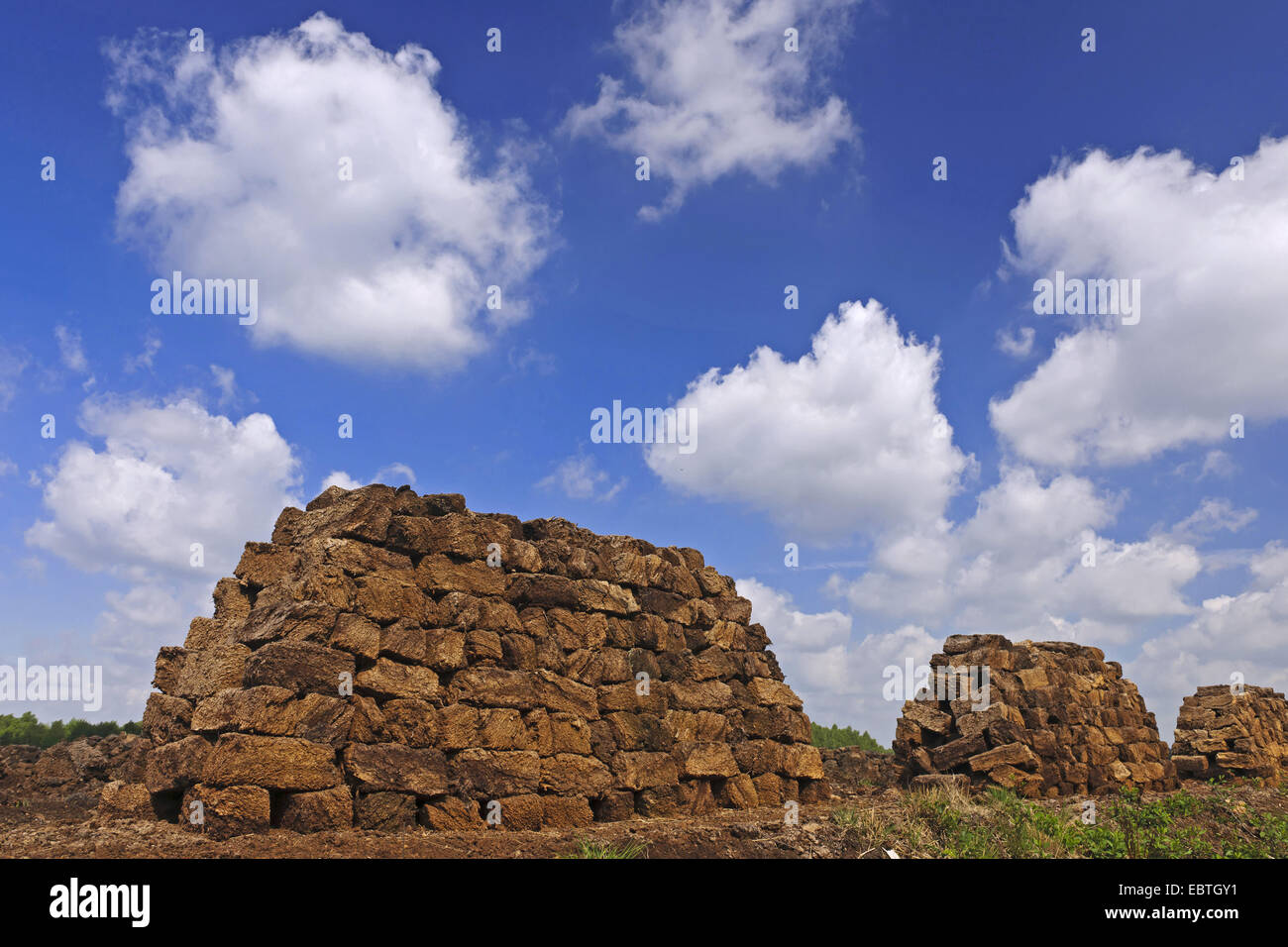 stacks of bales of peat at the peat extraction at the Goldenstedter Moor, Goldenstedt, Niedersachsen Stock Photo