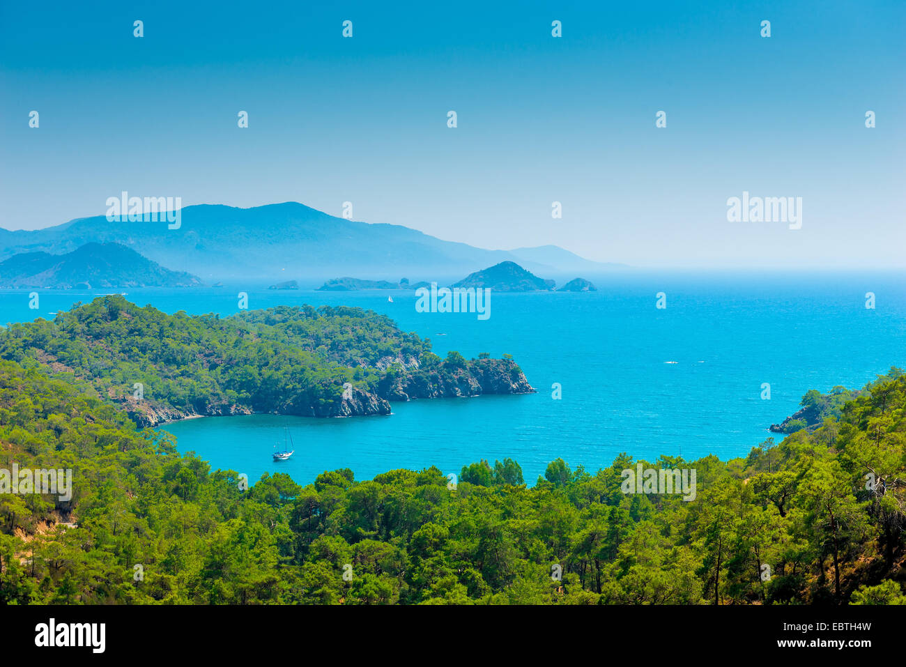 stunning seascape and pine forests on the mountains Stock Photo