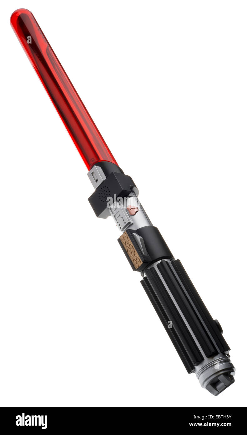 Light saber BBQ tongs. Button for sound effects. Remove red plastic sheath to reveal barbecue tongs. Stock Photo