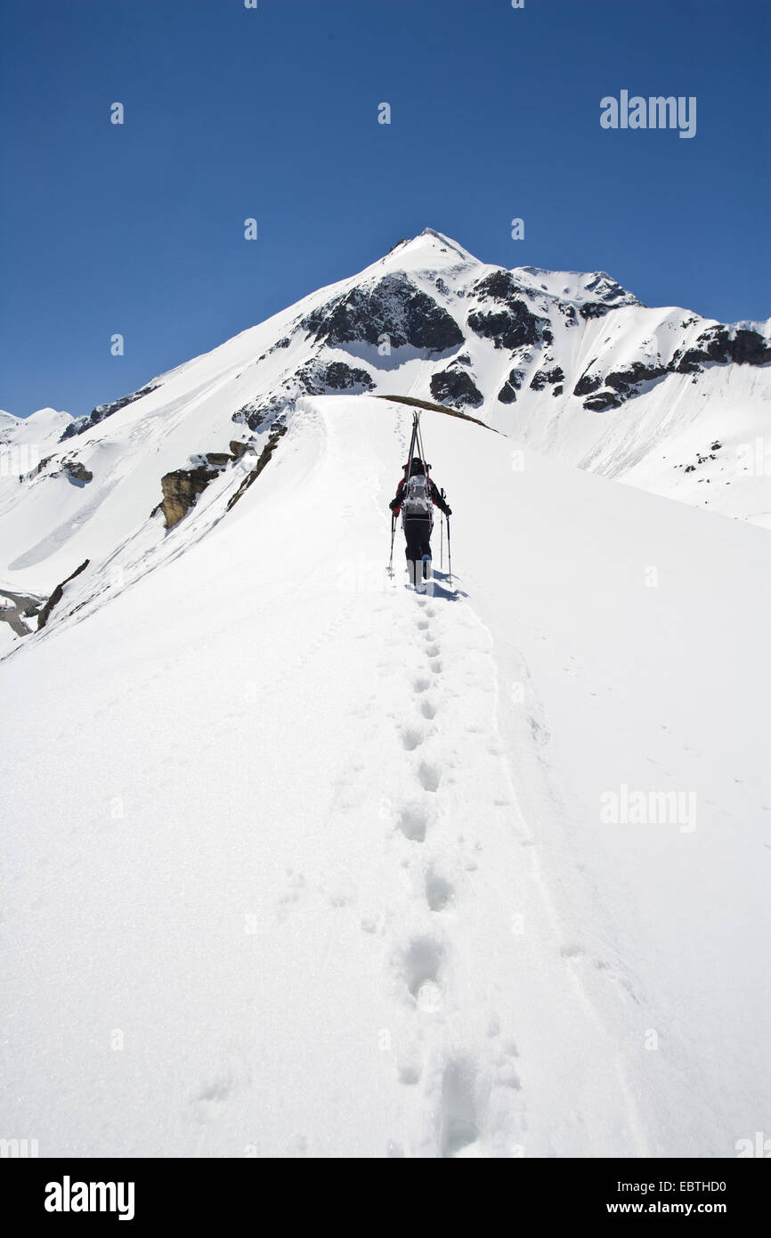 skier climbing up a snow-covered mountain crest, Austria, Grossglockner Stock Photo