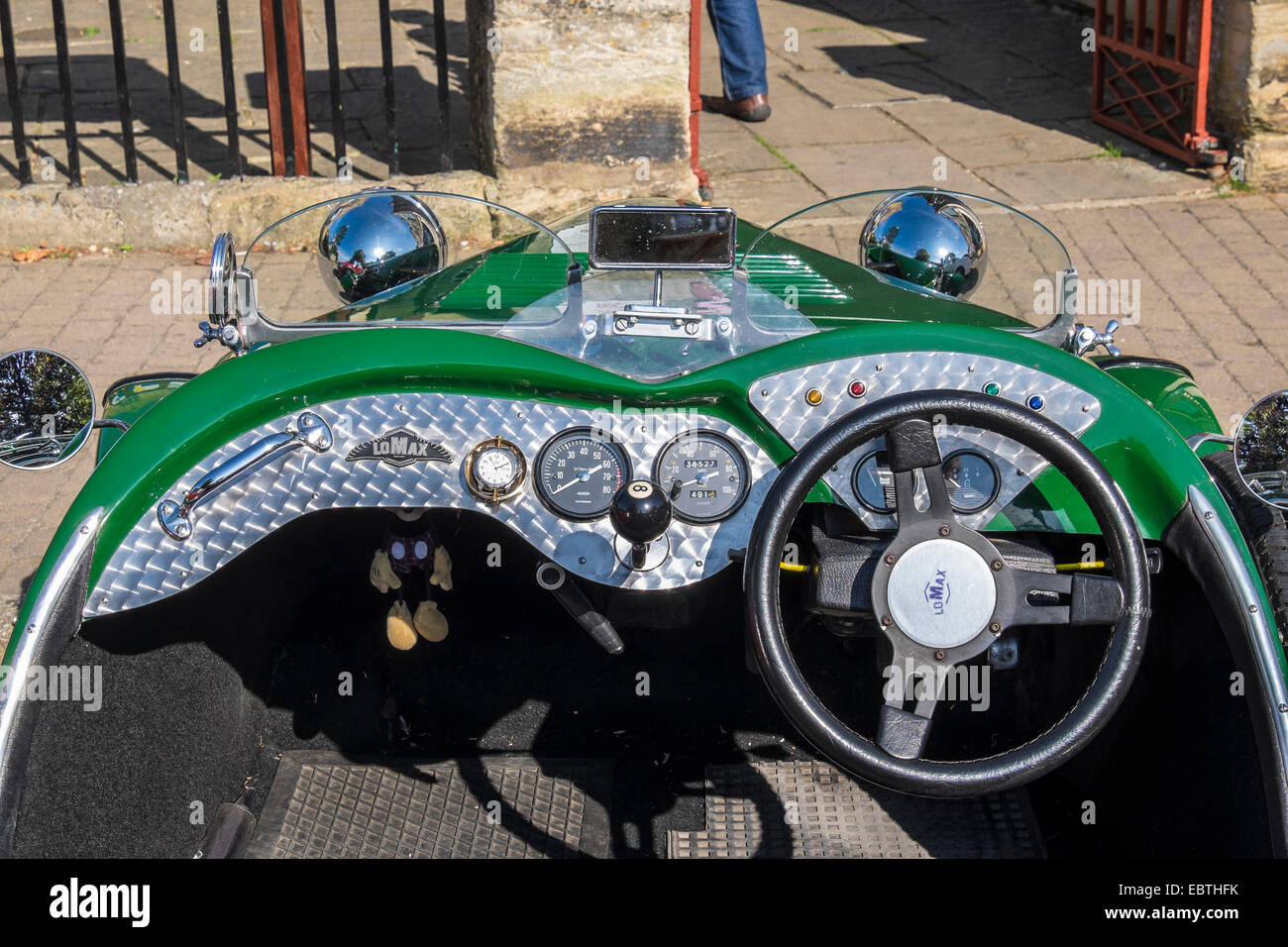 Dashboard of Lomax three wheel sports car Bourton-on-the-Water Cotswold village Gloucestershire Stock Photo