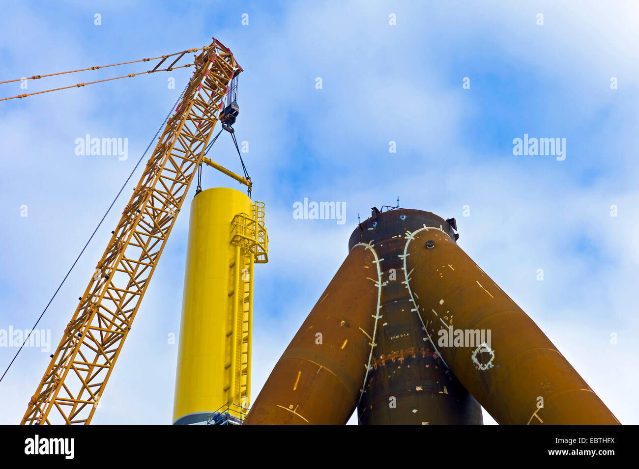 tripods for wind wheels being shipped at Labradorhafen, Germany, Bremerhaven Stock Photo