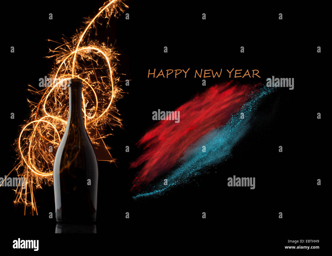 New year 2015 background with champagne bottle, fire, dust splash Stock ...