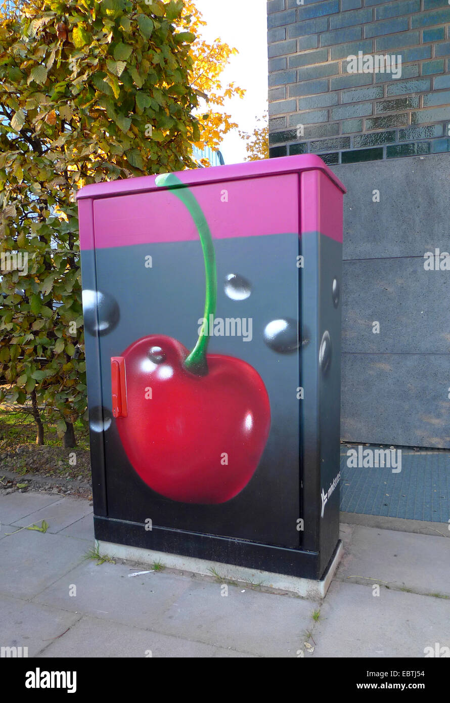 painted panelboard with cherry immersed in a drink, Germany, North Rhine-Westphalia, Duesseldorf Stock Photo