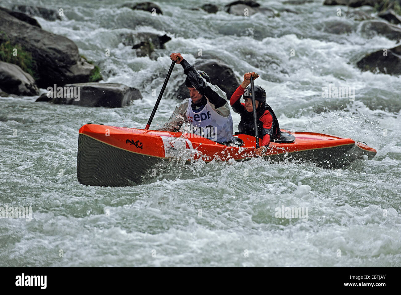 canoe race in wildwater of Isere river, France, Savoie Stock Photo