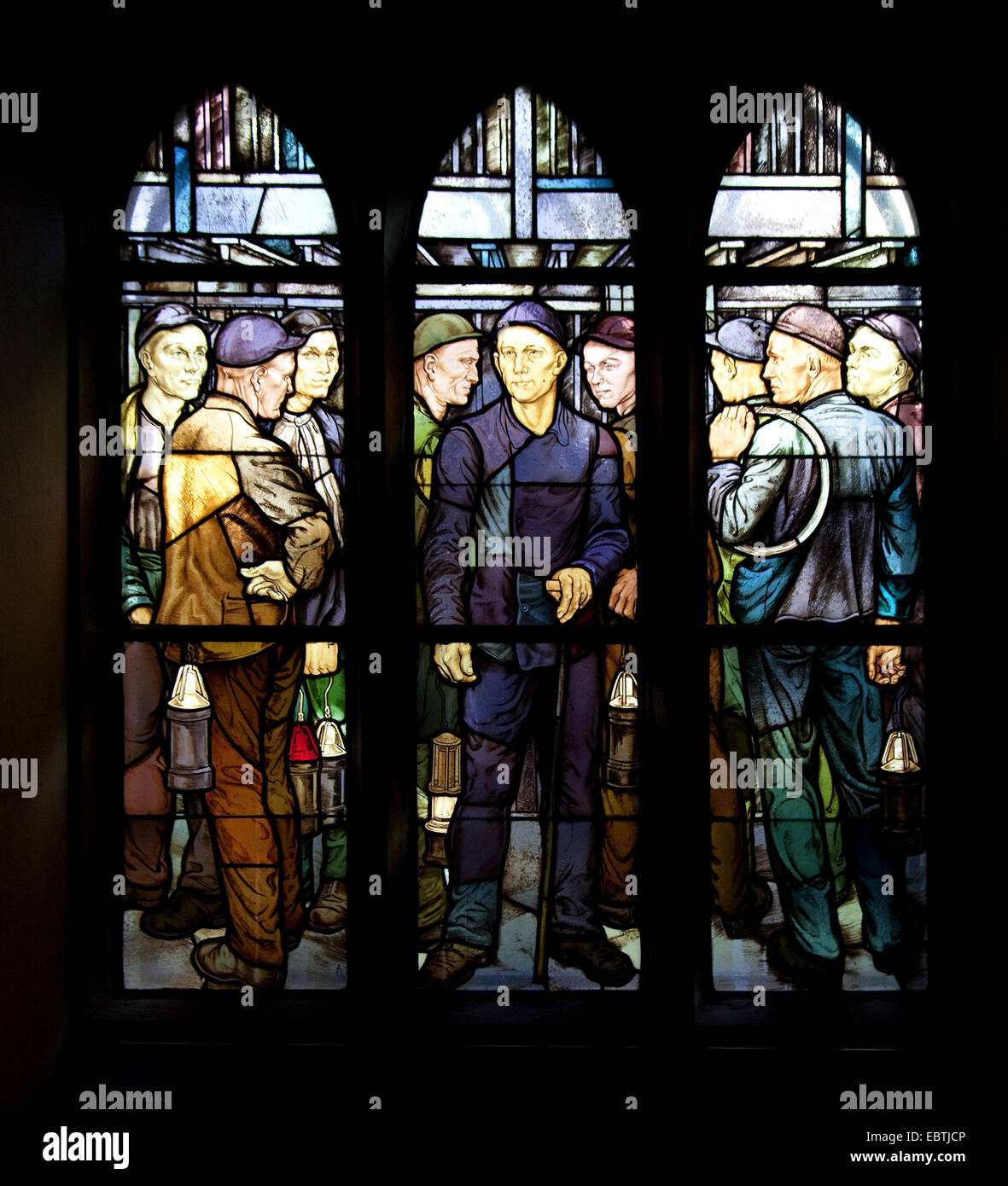 colourful windows with coal miner theme of Sankt Vinzentius Church, Germany, North Rhine-Westphalia, Ruhr Area, Bochum Stock Photo