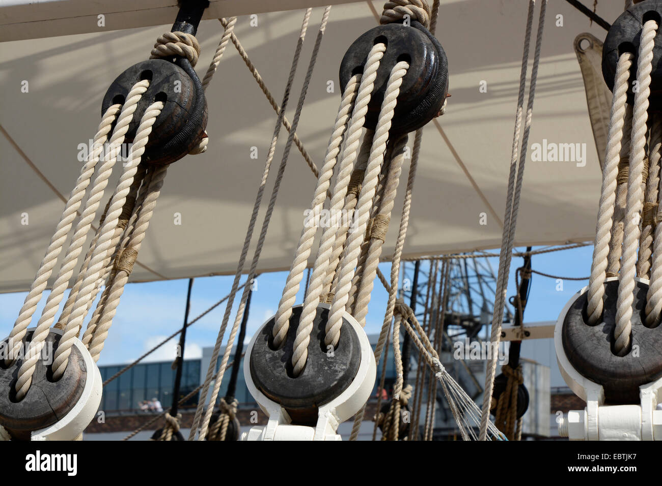 Wooden catseyes and rigging ropes on sailing ship in Bristol harbour. Avon.  England Stock Photo - Alamy