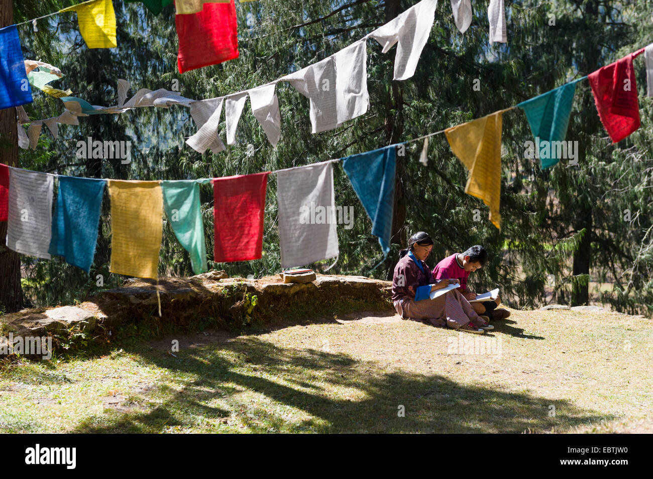 Two Students Studying under Prayer or wind flags, Bhutan Stock Photo