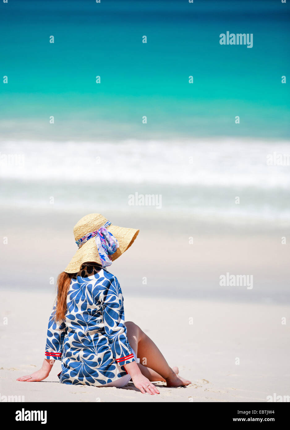 Woman With Sun Hat Sitting On Sandy Beach Rear View Stock Photo Alamy