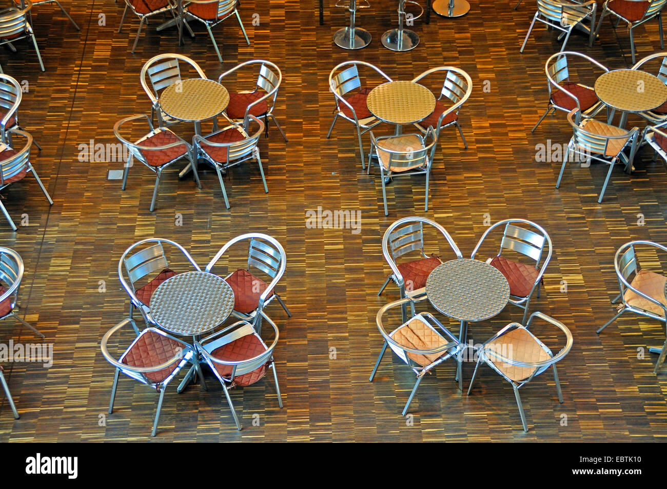 empty chairs and tables of a cafe in a shopping mall, Germany, Saxony, Dresden Stock Photo