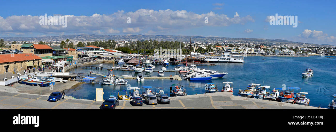 A panoramic picture of the busy Paphos harbour in summer a popular tourist destination Stock Photo