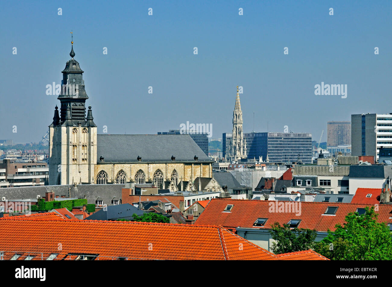 view from Poelaertplein to Notre Dame de la Chapel, Kapellekerk, gothic tower of the city hall in background, Belgium, Brussels Stock Photo