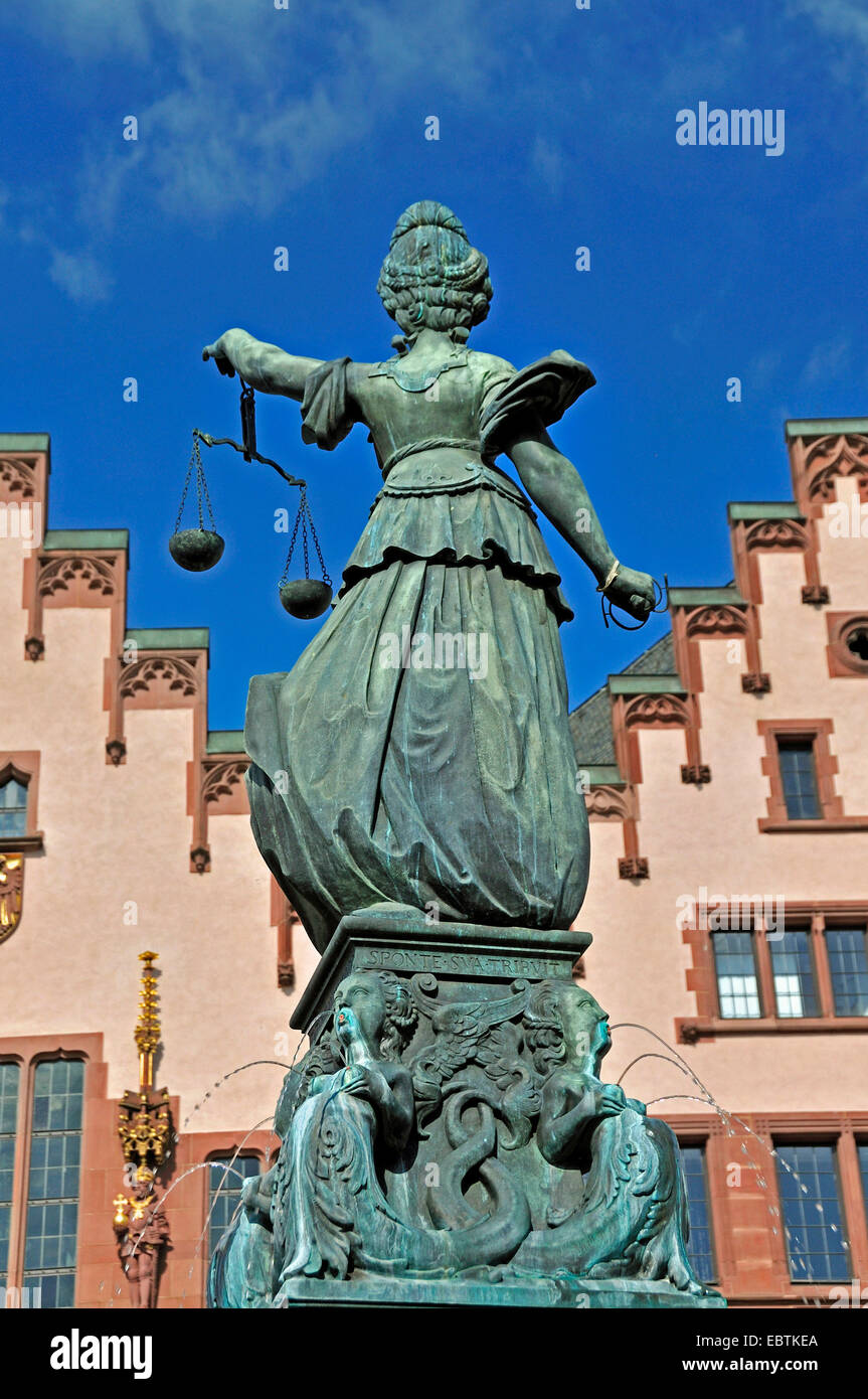 sculpture of goddess Justitia on a well at Roemerberg in ith old city of Frankfurt, Germany, Hesse, Frankfurt/Main Stock Photo