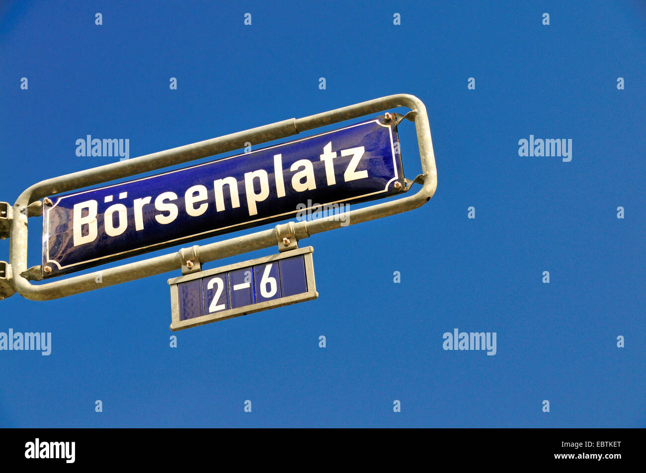 name plate Strassenschild Boersenplatz 2-6, street of stock exchange, in the financial district of Frankfurt/Main, Germany, Hesse, Frankfurt/Main Stock Photo