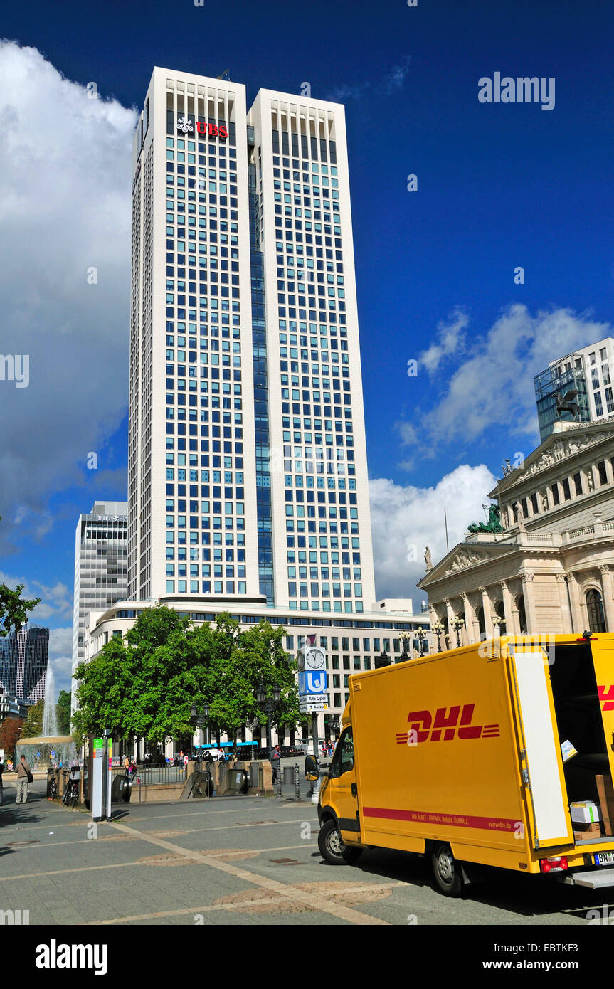 Opernturm with Swiss UBS AG in the financial district of Frankfurt/Main with car of DHL in the foreground, Germany, Hesse, Frankfurt/Main Stock Photo