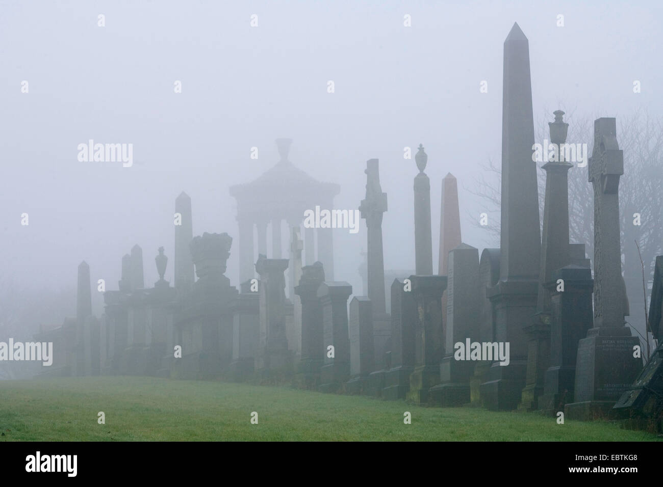 gravestones in mist, United Kingdom, Scotland, Glasgow Stock Photo