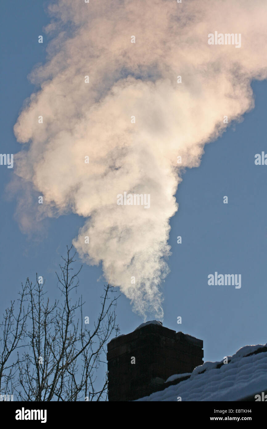 chimney and exhaust in cold winter, Germany, North Rhine-Westphalia Stock Photo