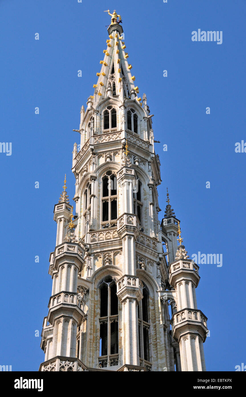 tower of gothic city hall, Belgium, Brussels Stock Photo