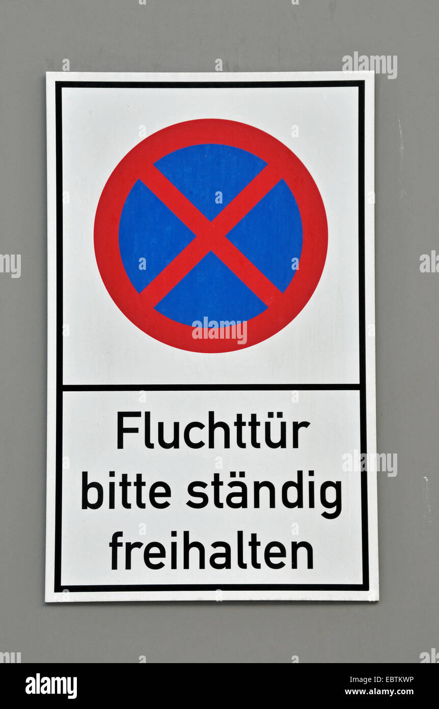 no parking sign 'escape door keep always clear', Germany Stock Photo