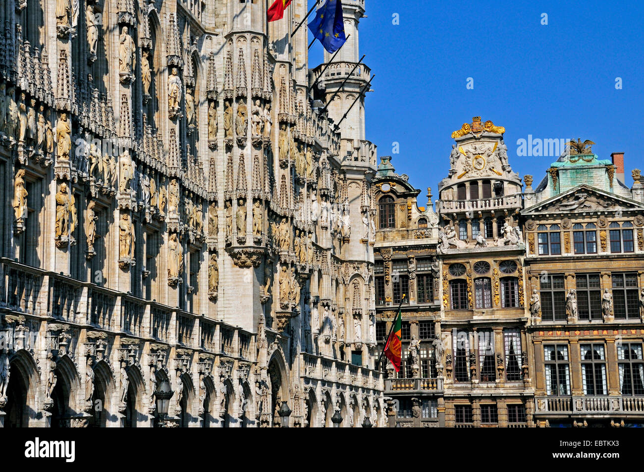 facade of gothic town hall at Grand Place, Belgium, Brussels Stock Photo