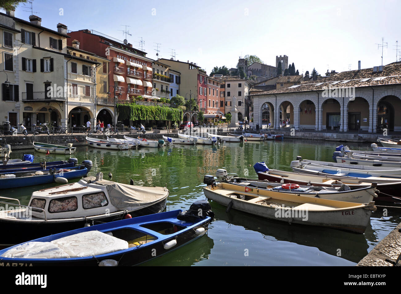 motorboats in marina, Italy, Lake Garda, Lombardy, Desenzano del Garda Stock Photo
