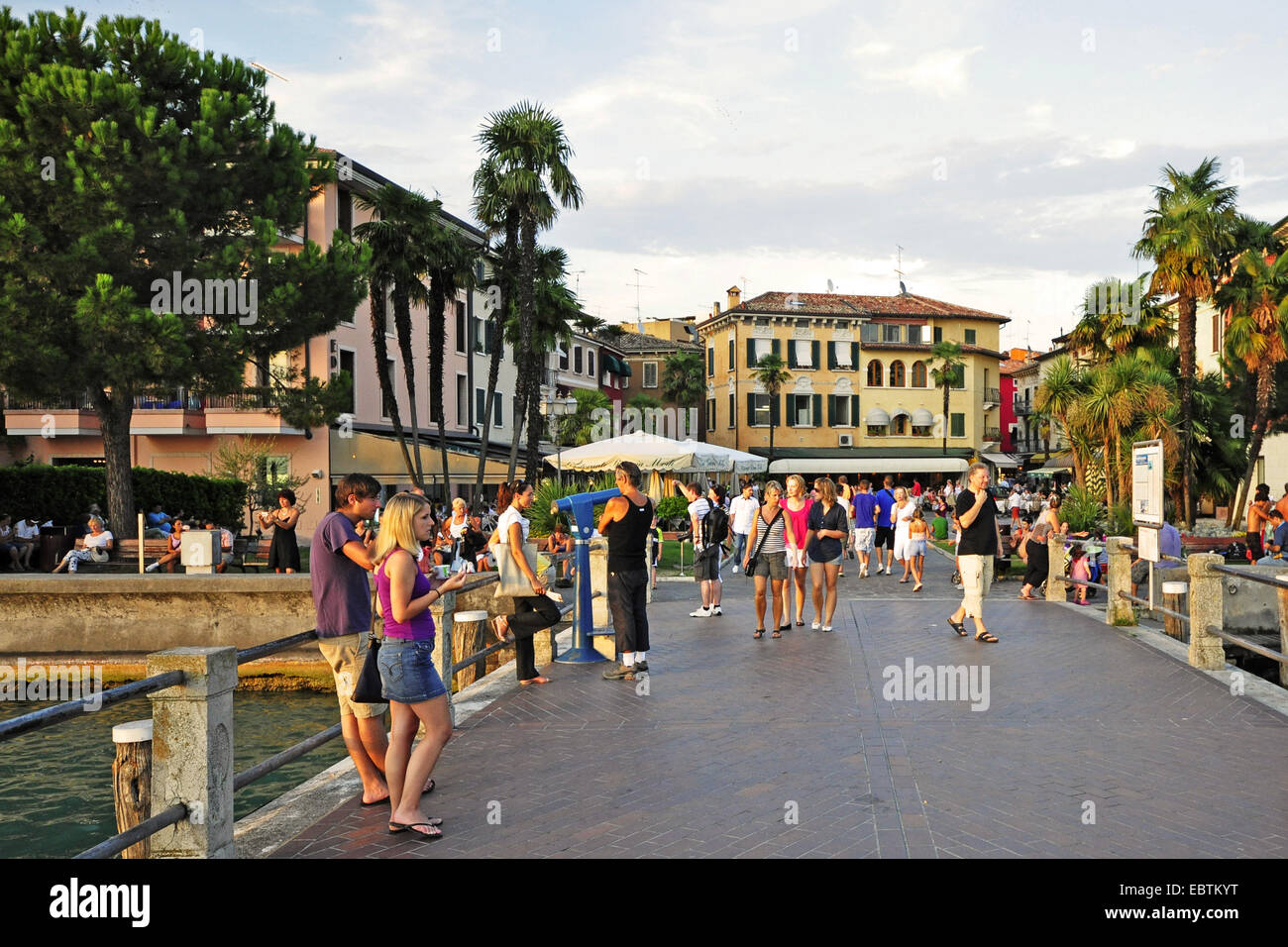 view to town from the lakefront, Italy, Lake Garda, Lombardy, Sirmione Stock Photo