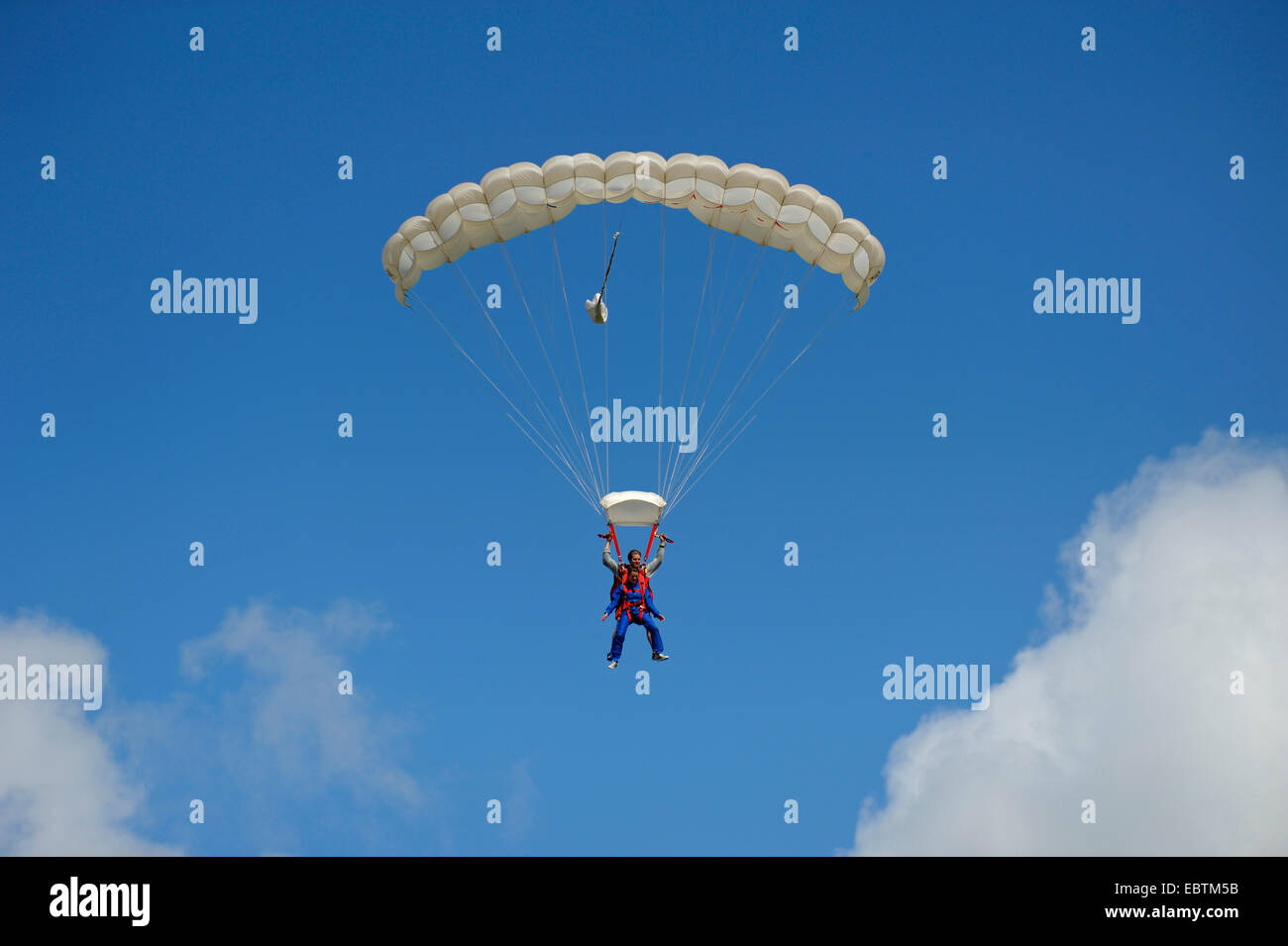 sky diver in front of blue sky, Netherlands, Northern Netherlands, Netherlands, Texel Stock Photo