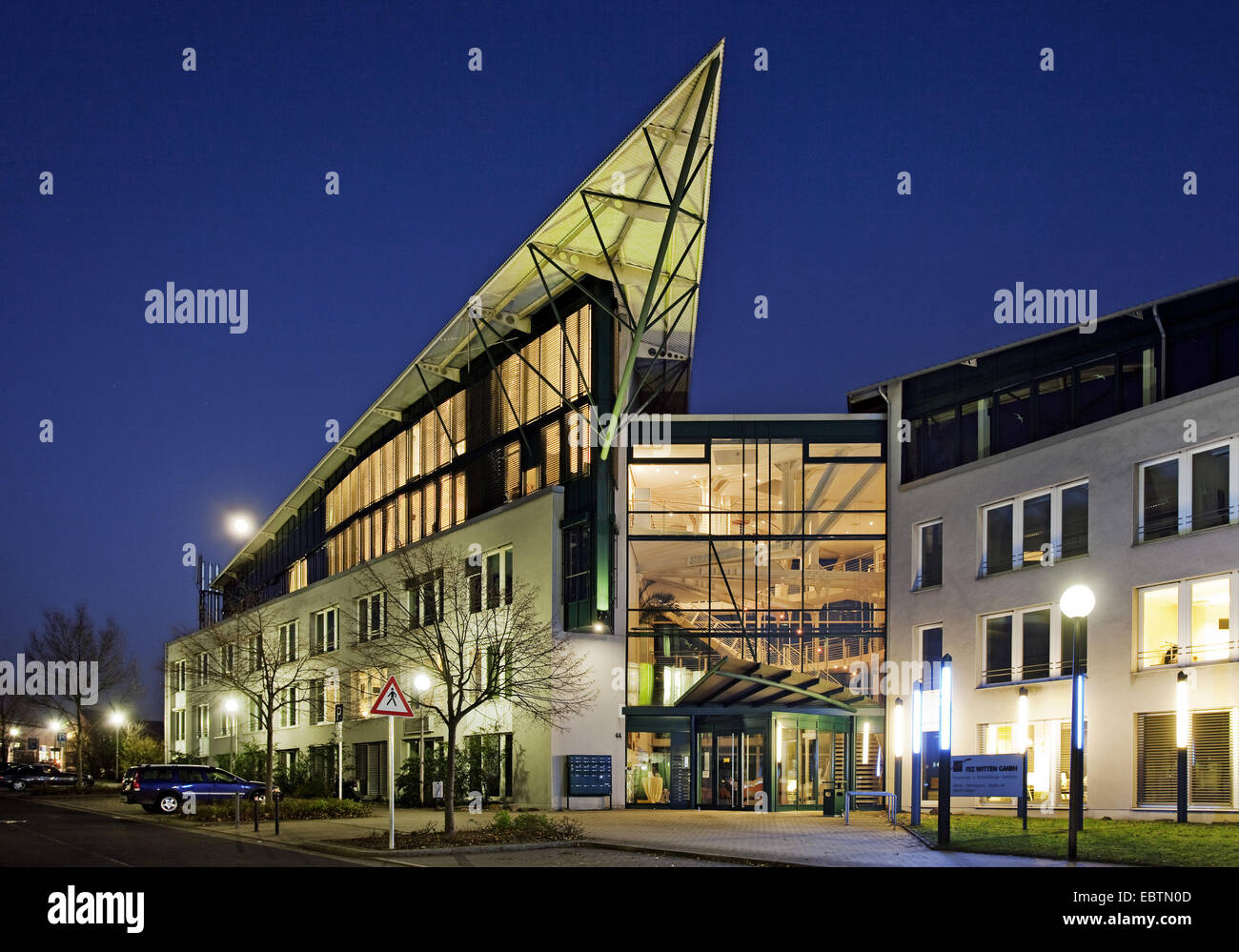 research and development centre FEZ in the evening light, Germany, North Rhine-Westphalia, Ruhr Area, Witten Stock Photo