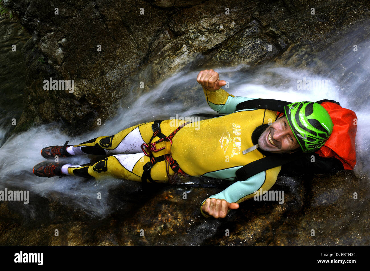 man gliding through mountain river bed, canyoning of Frascaghju, France,  Corsica, Corte Stock Photo - Alamy