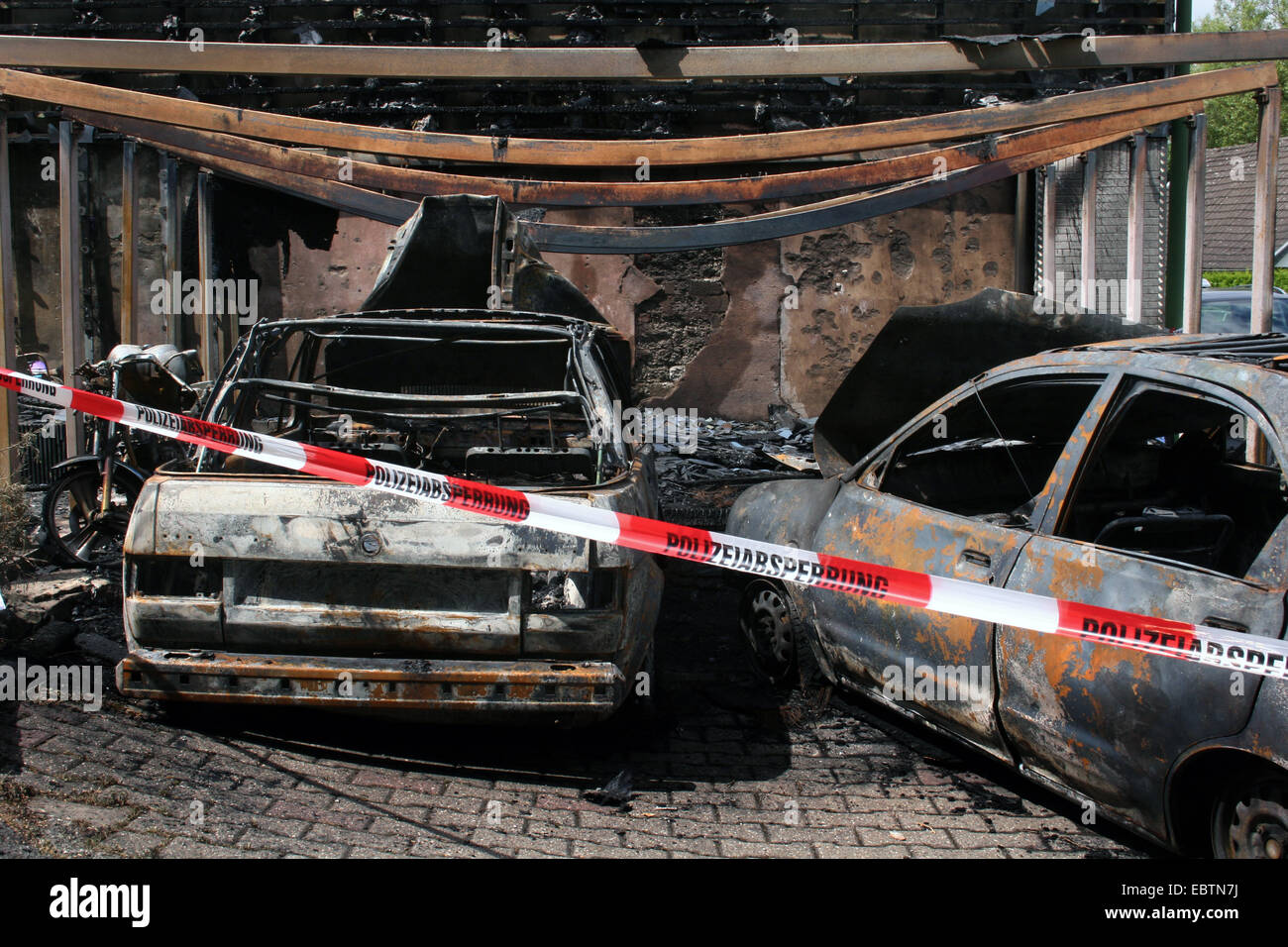 burned out cars, Germany, North Rhine-Westphalia Stock Photo