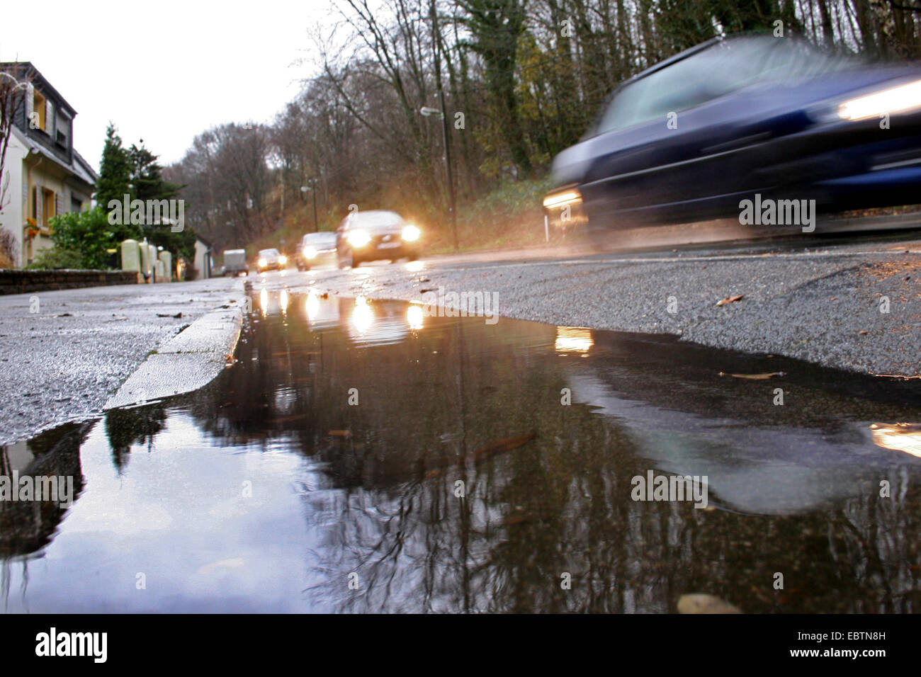 surface water on a street after heavy rain, Germany, North Rhine-Westphalia Stock Photo