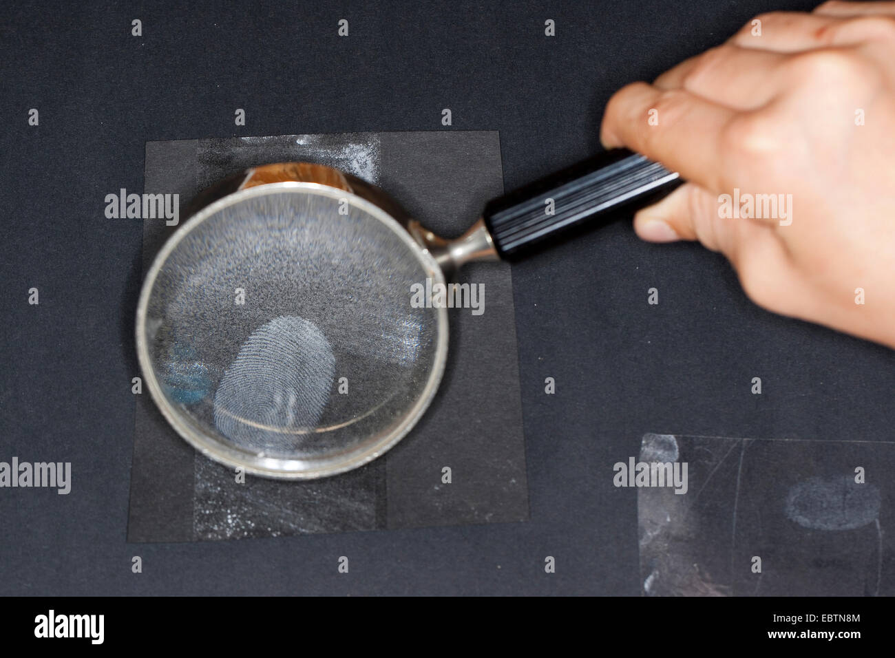 taking fingerprints. Step 5: fixed fingerprint investigated with a lense Stock Photo