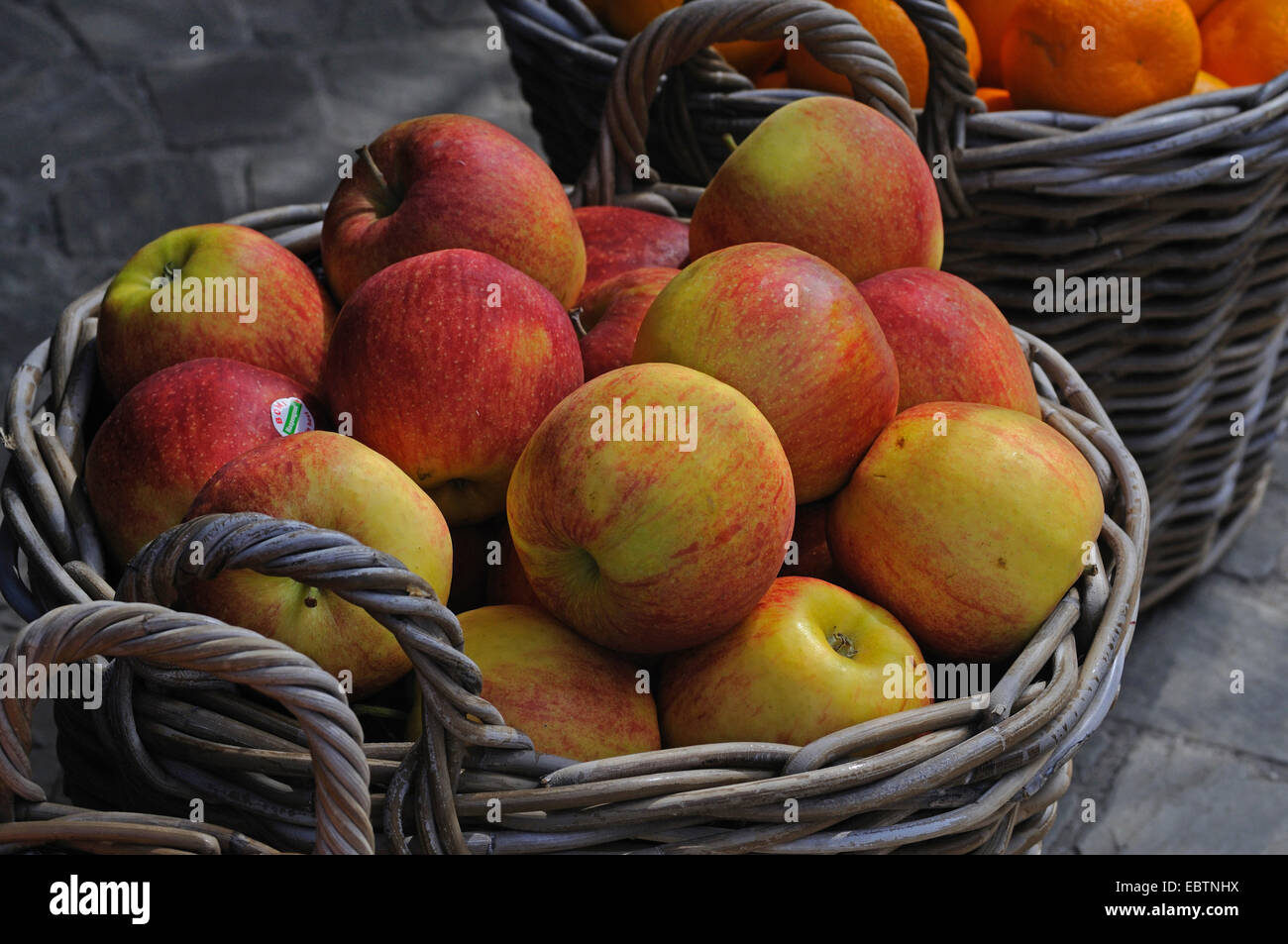 big basket well filled with apples, Netherlands Stock Photo