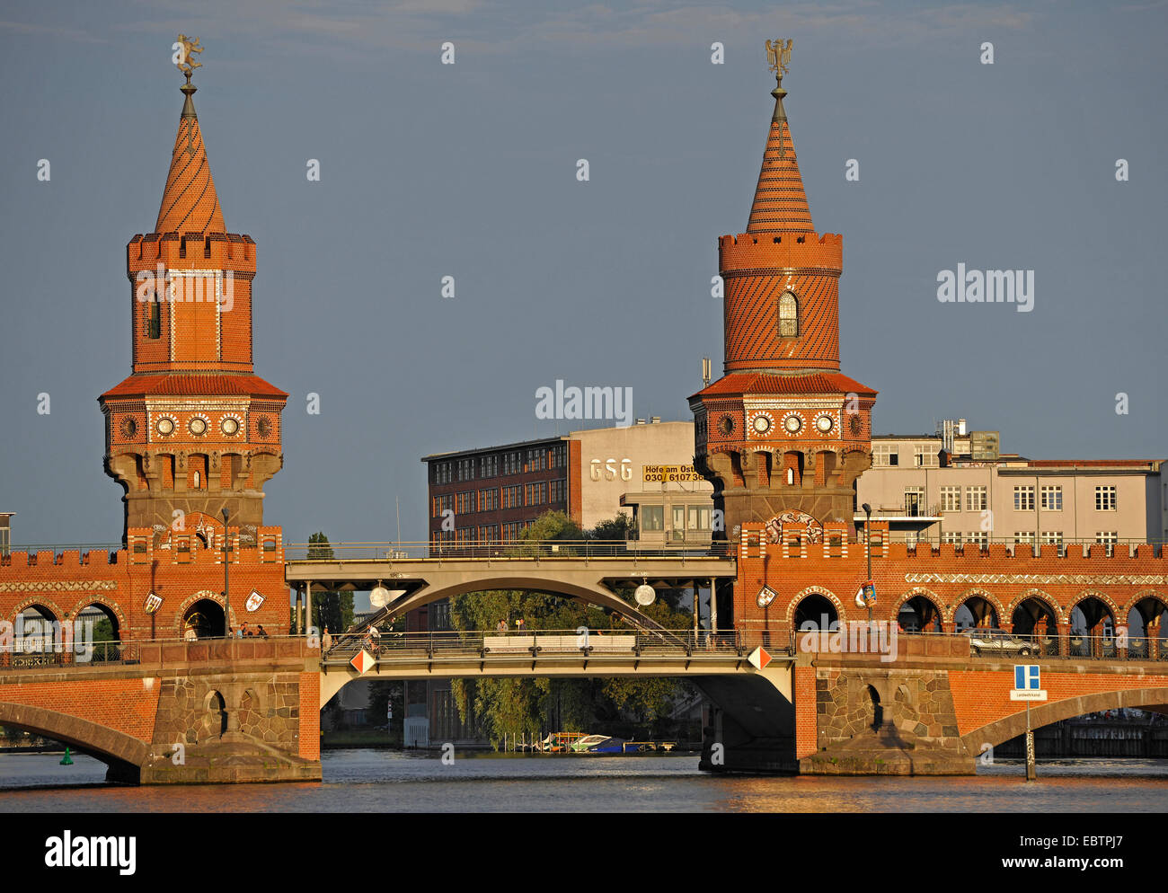 Oberbaum Bridge crossing river Spree, Germany, Berlin Stock Photo