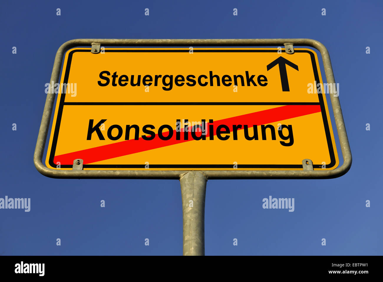 place name sign, symbol for conflict between tax goodies and funding Stock Photo