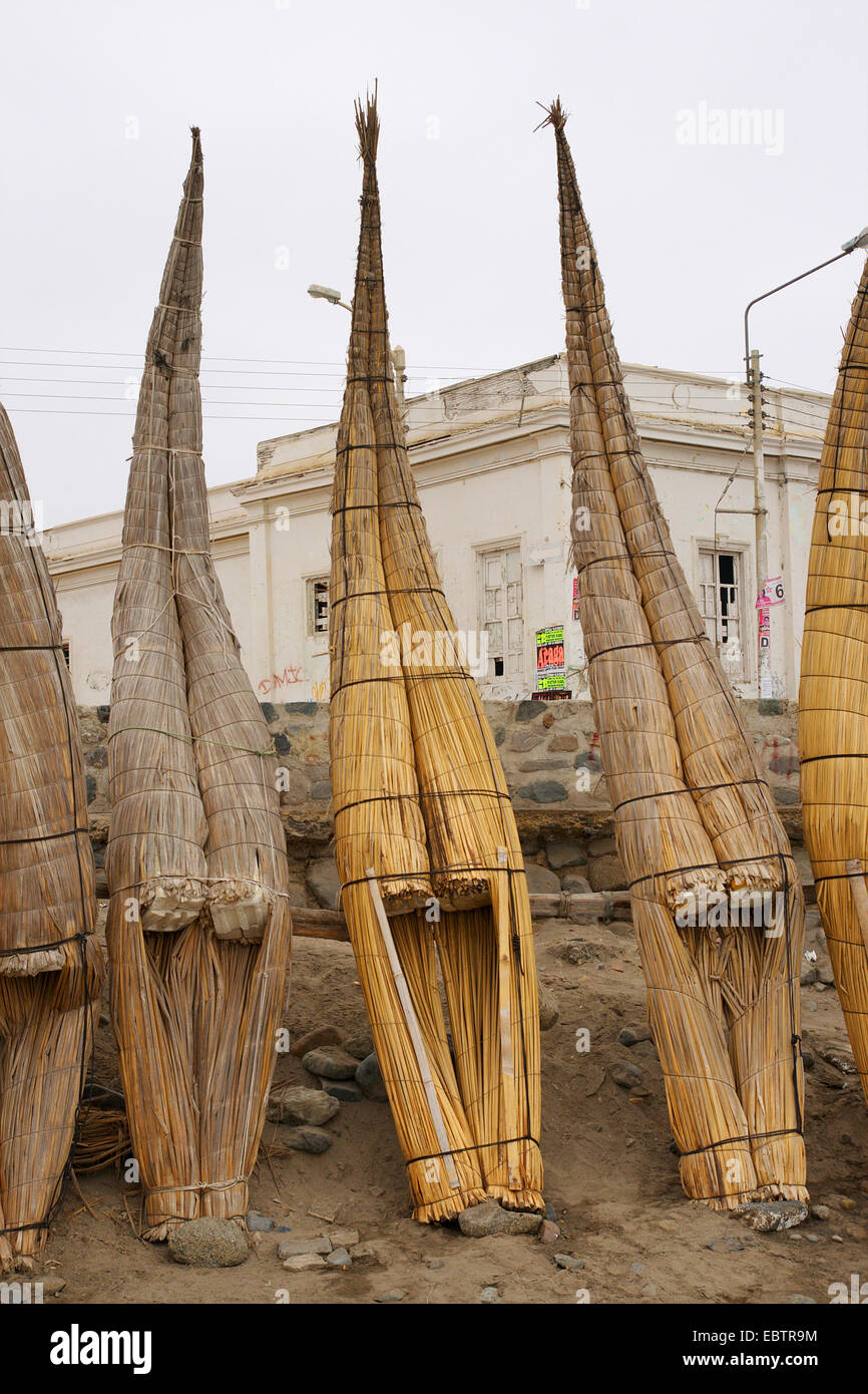 fishing boats made of reed put up at the beach, Peru, Huanchaquito ...