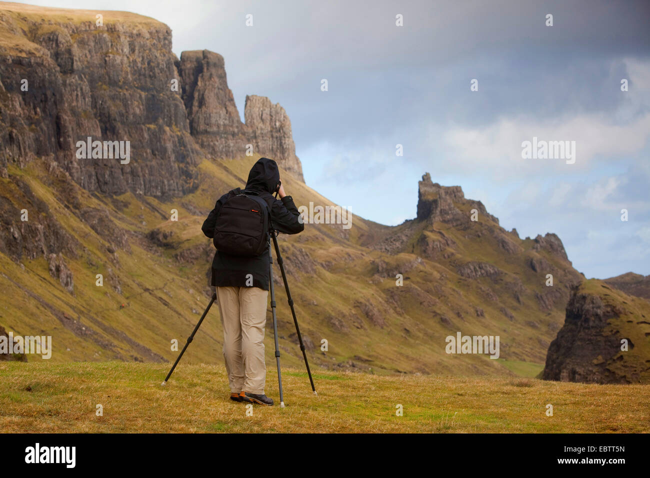 Photographer working at The Quiraing, United Kingdom, Scotland, Isle of Skye Stock Photo