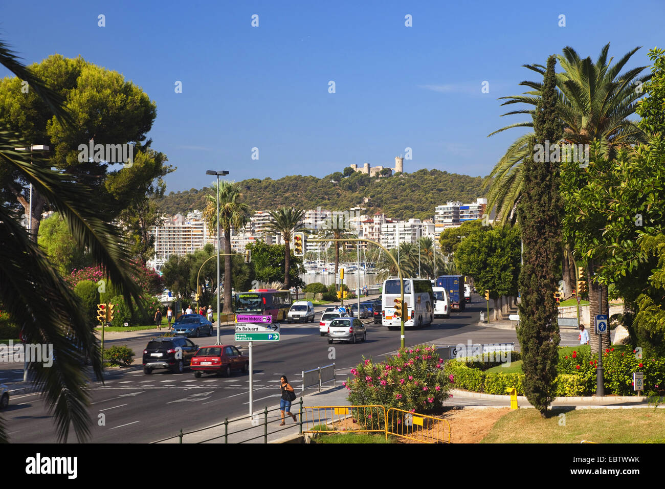 urban scene, historic Bellver Castle in background, Spain, Balearen, Majorca, Palma Stock Photo