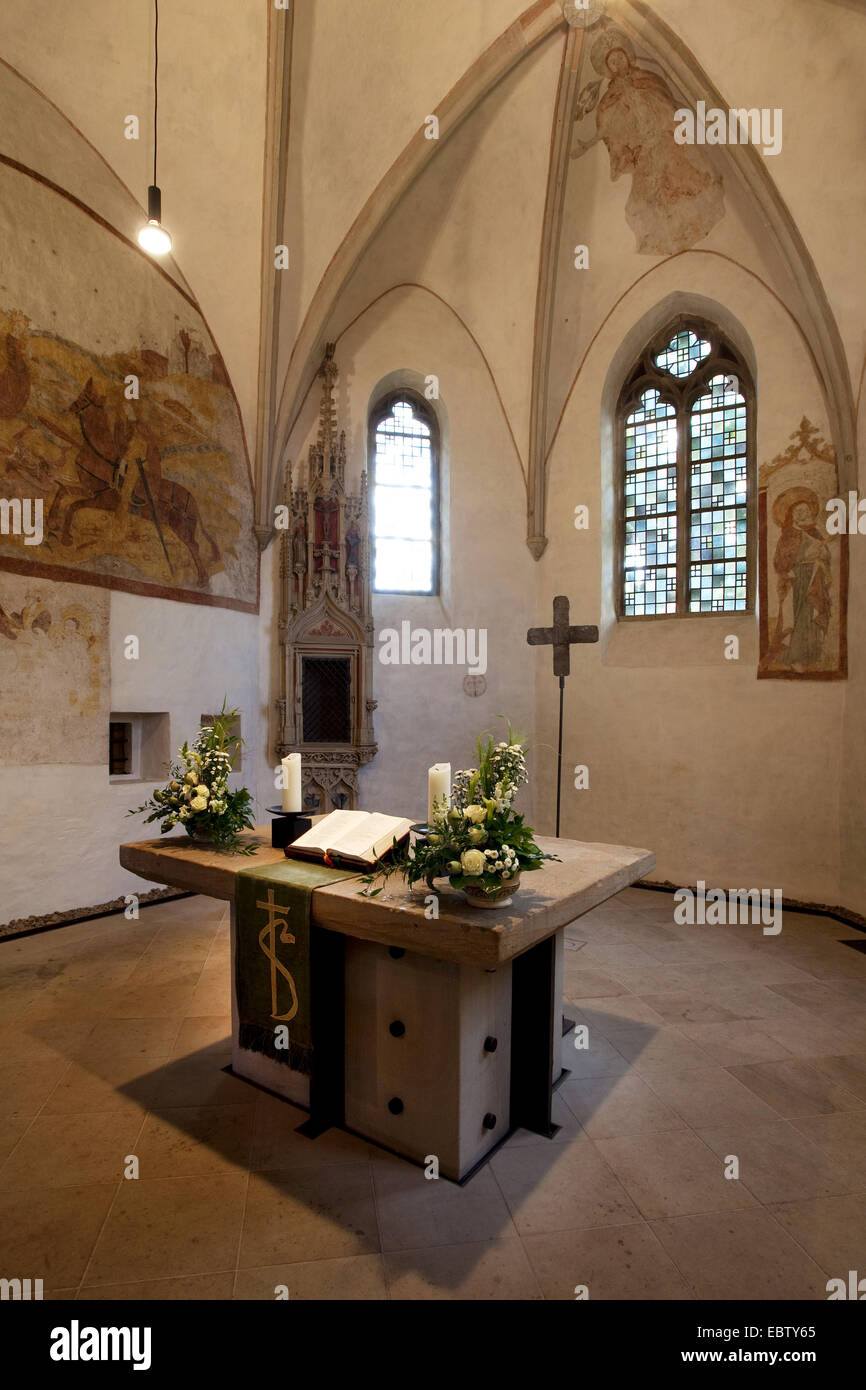 interior view of 1000 years old church in Stiepel, Stiepeler Dorfkirche, with altar, Germany, North Rhine-Westphalia, Ruhr Area, Bochum Stock Photo
