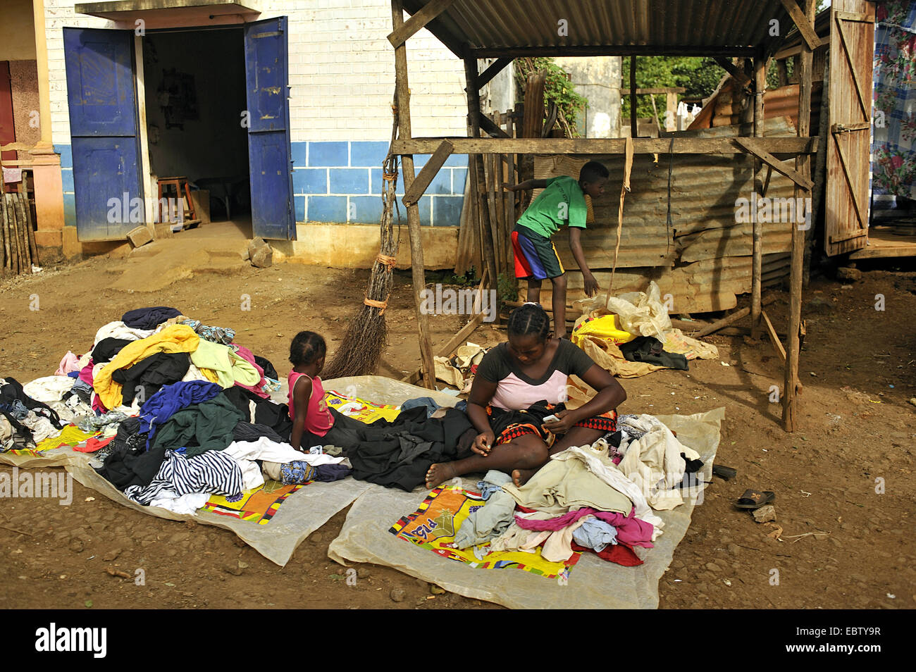 saleswoman selling clothes, Madagascar, Ambilove Stock Photo