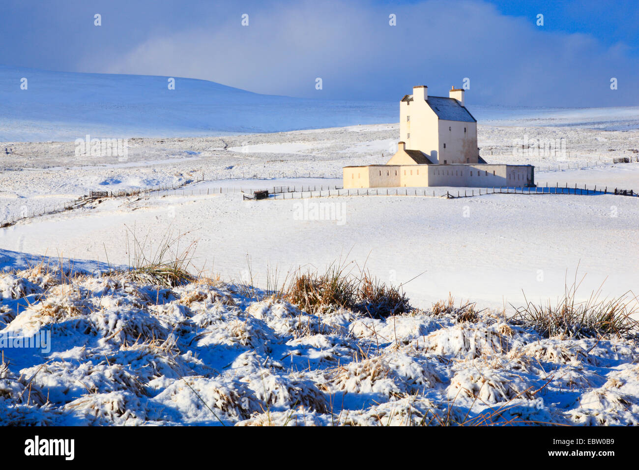 Corgarff Castle in snow, United Kingdom, Scotland, Cairngorms National Park, Corgarff Stock Photo